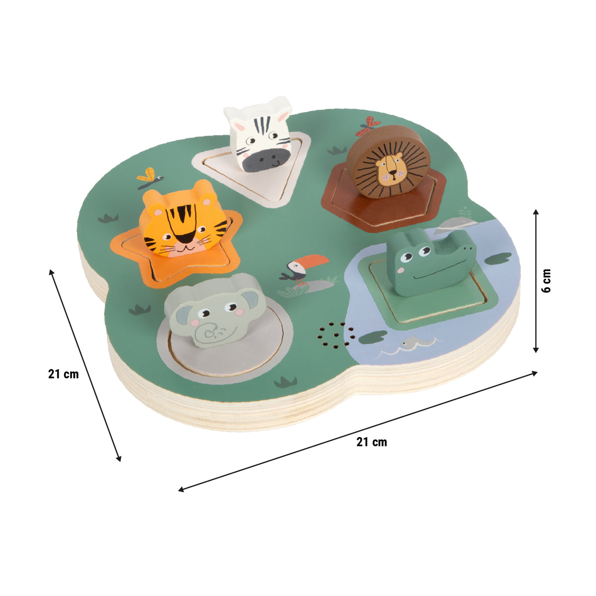 Puzzle 3D cu Sunete de Animale "Safari" – Puzzle Interactiv din Lemn Certificat FSC, 5 Animale cu Sunete Caracteristice și Forme Geometrice, pentru Bebeluși