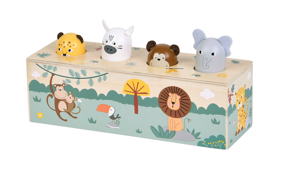 Animale cu Sunete "Safari" – Jucărie Interactivă din Lemn Certificat FSC, 4 Animale care Scot Sunete, Efect Pop-Up, pentru Bebeluși