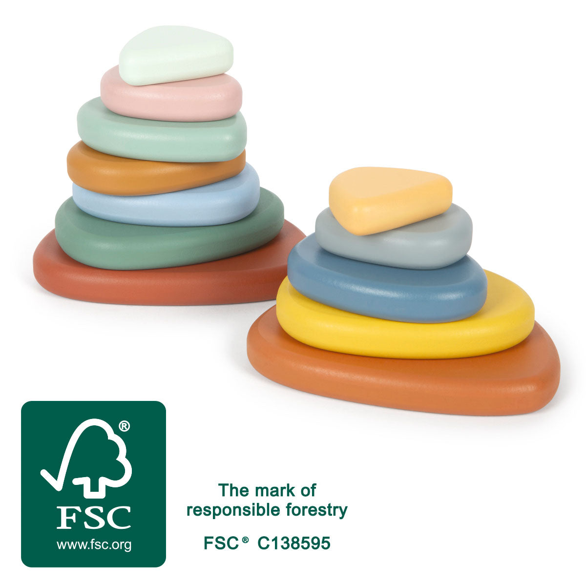 Pietre de Râu pentru Echilibru Montessori FSC 100% Small Foot – Set 12 Piese din Lemn Certificat, Culori Soft, Formă Neregula