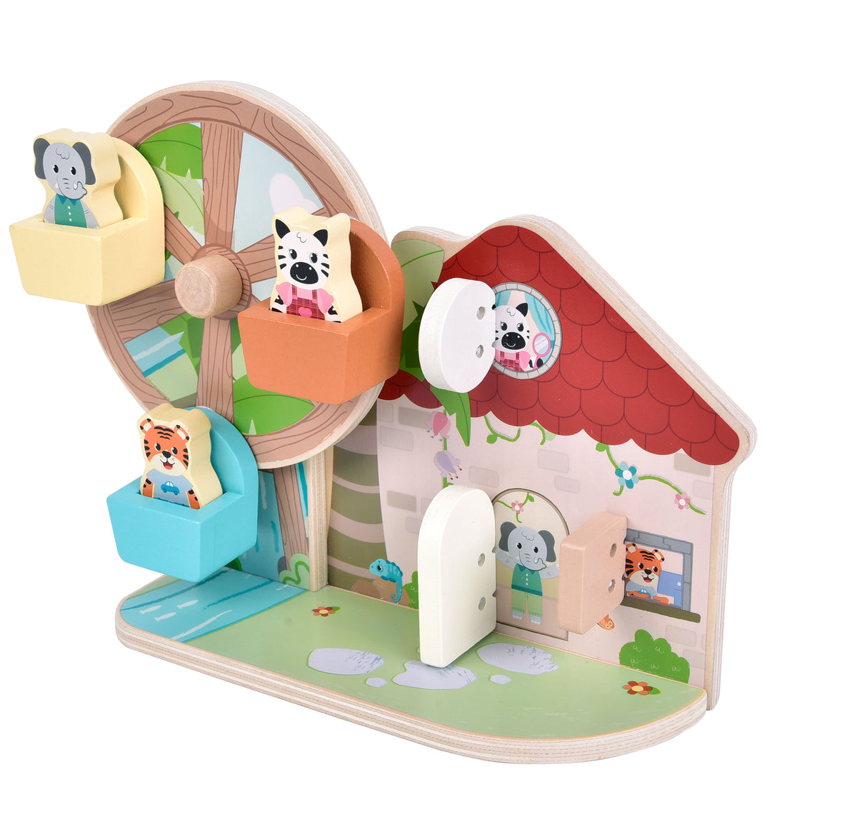 Roata Motricității "Jungle Friends" FSC 100% – Jucărie din Lemn Certificat, 3 Animale, Manivelă, 3 Clapete Surpriză, Pentru Motricitate