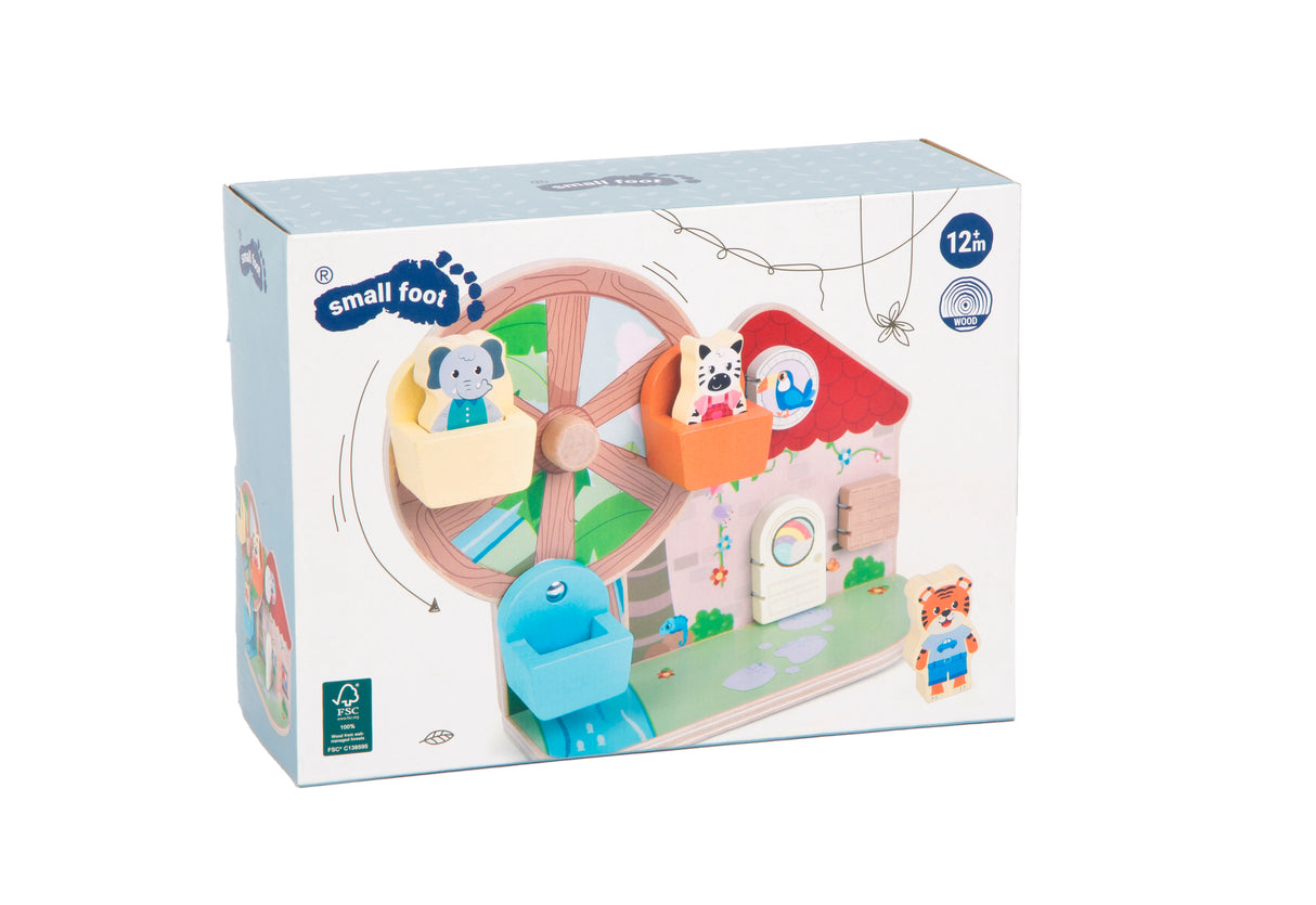 Roata Motricității "Jungle Friends" FSC 100% – Jucărie din Lemn Certificat, 3 Animale, Manivelă, 3 Clapete Surpriză, Pentru Motricitate