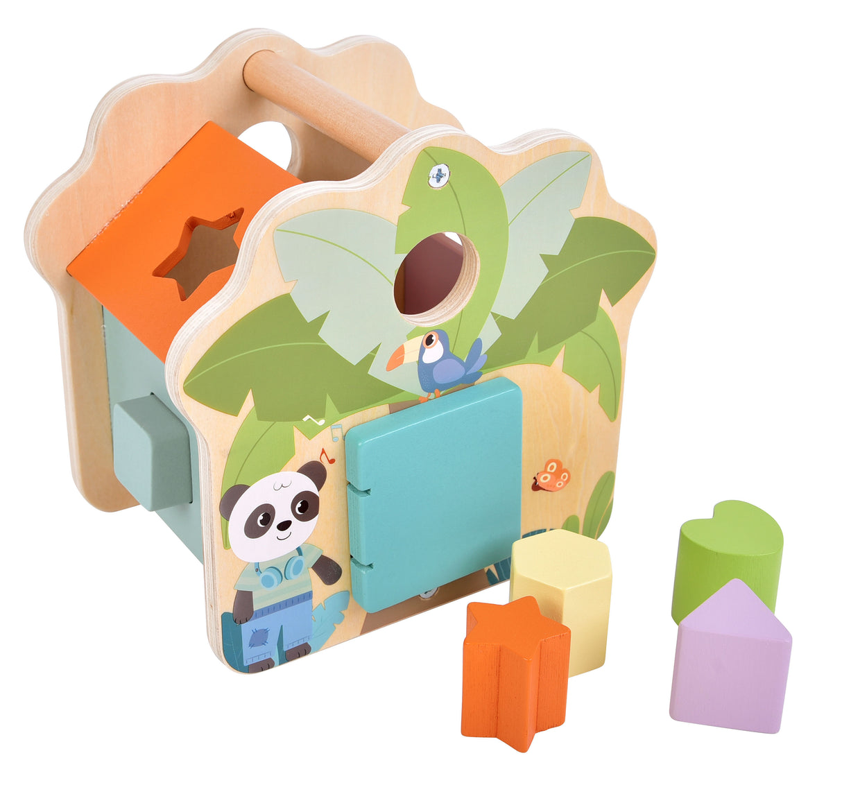 Căsuță de Sortat Forme "Jungle Friends" – Cub de Potrivire din Lemn Certificat FSC cu 5 Piese Colorate, Mâner de Transport și Motive cu Panda și Tigru, pentru Bebeluși