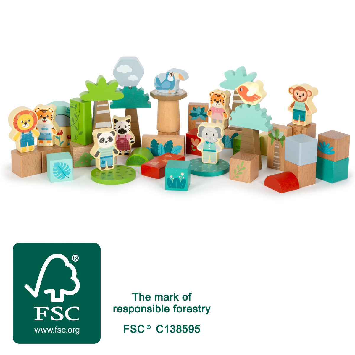 Cuburi de Construcție "Jungle Friends" FSC 100% Small Foot – Set 50 Piese din Lemn Certificat, cu Figurine de Animale și Păsă