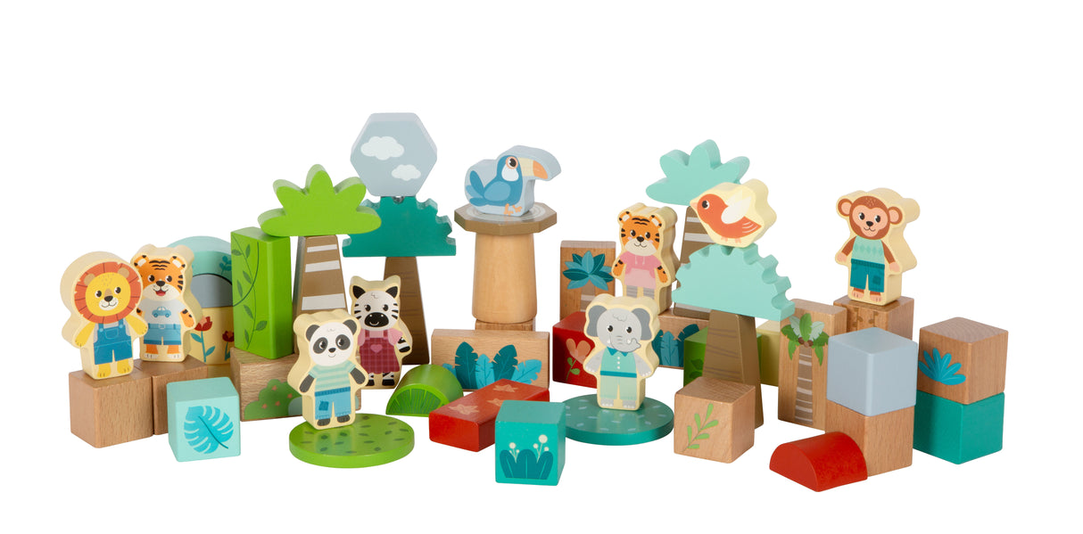 Cuburi de Construcție "Jungle Friends" FSC 100% – Set 50 Piese din Lemn Certificat, cu Figurine de Animale și Păsări, Design Modern