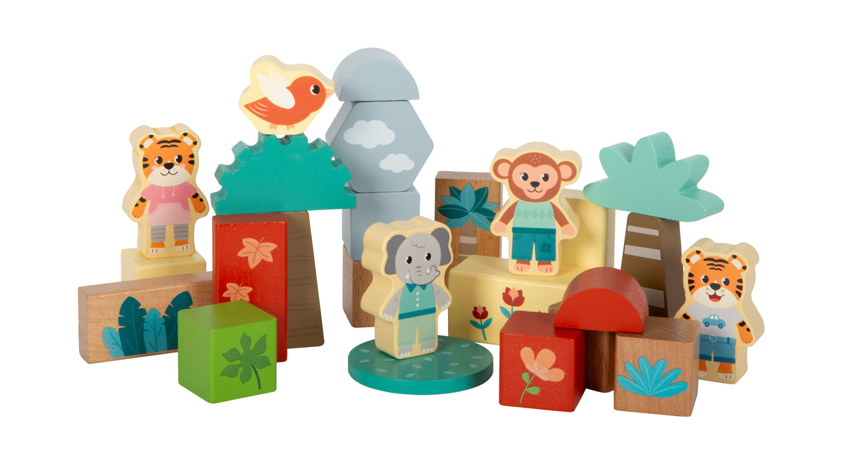 Cuburi de Construcție "Jungle Friends" FSC 100% – Set 50 Piese din Lemn Certificat, cu Figurine de Animale și Păsări, Design Modern