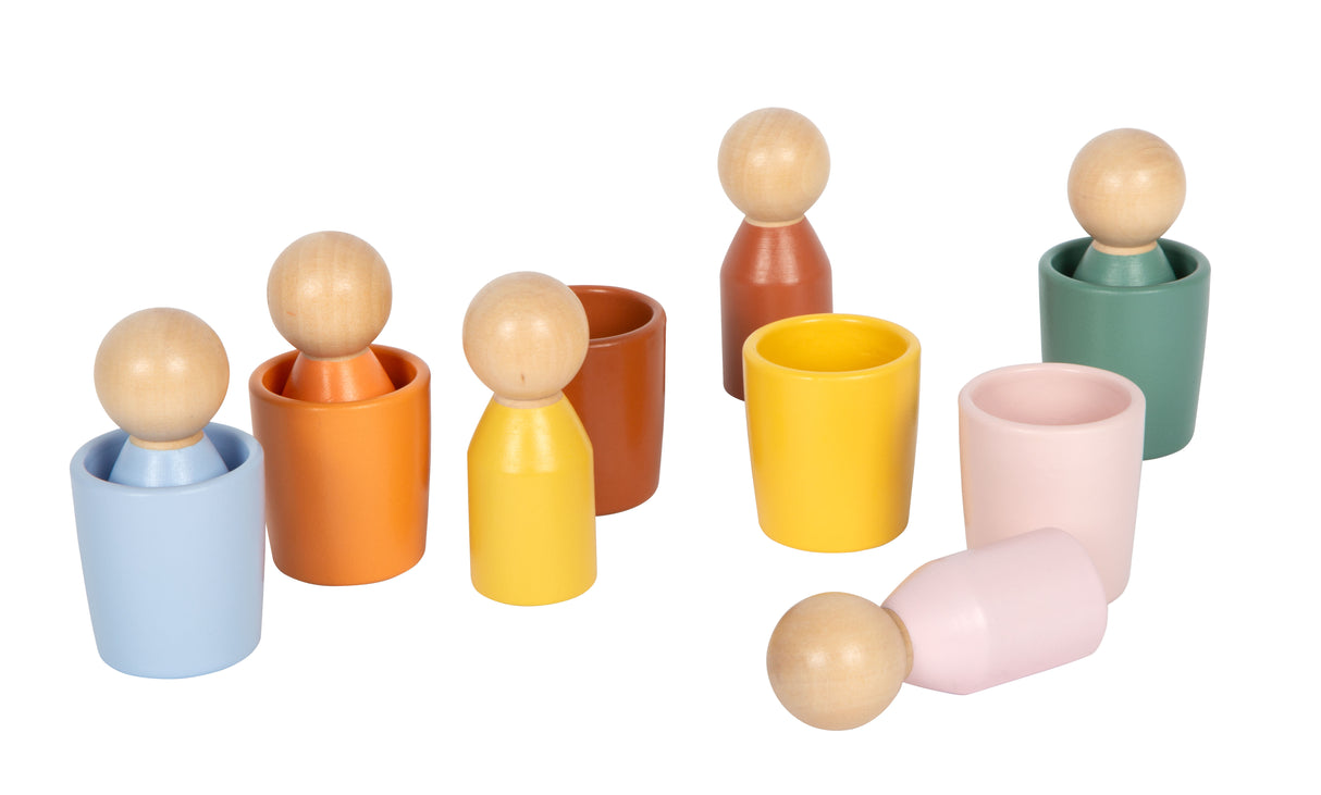 Pahare de Sortare Montessori cu Figurine – Set din Lemn Certificat FSC, 6 Figurine și 6 Pahare Colorate, pentru Sortat și Învățat Culori