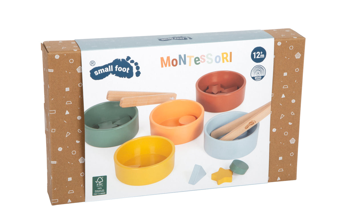 Joc de Sortare Montessori cu Clește FSC 100% – Set din Lemn Certificat cu 5 Boluri, 15 Elemente și 2 Clești, Motricitate Fină