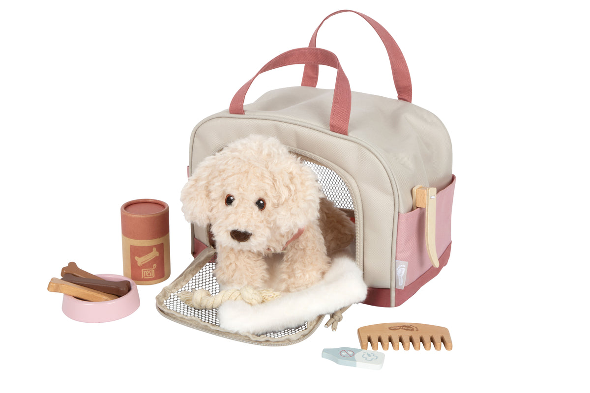 Cățeluș de Pluș cu Geantă Roz și Set de Îngrijire – Set de Joc de Rol cu Cățel Moale, Ham Detașabil, Bol, Pieptene și Accesorii de Veterinar, pentru Copii 2+