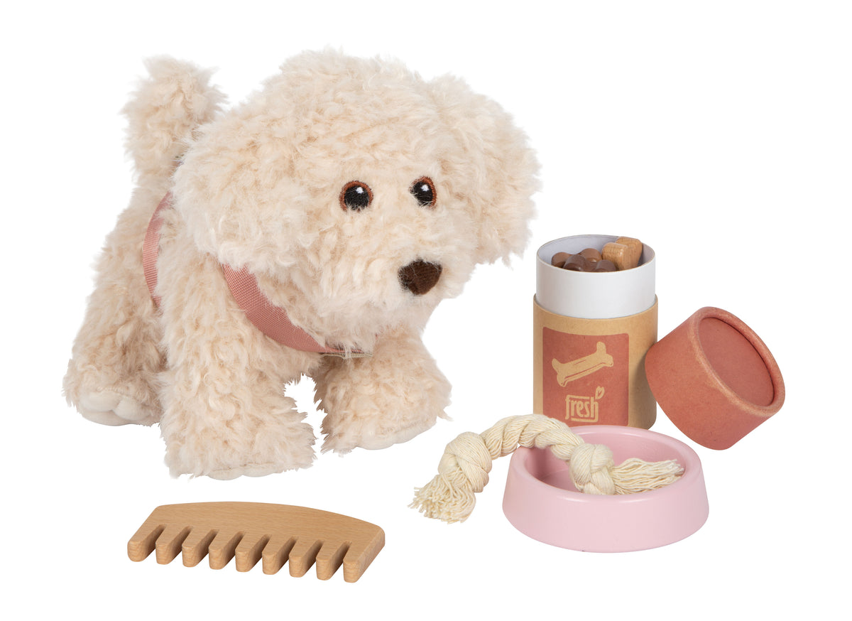 Cățeluș de Pluș cu Geantă Roz și Set de Îngrijire – Set de Joc de Rol cu Cățel Moale, Ham Detașabil, Bol, Pieptene și Accesorii de Veterinar, pentru Copii 2+