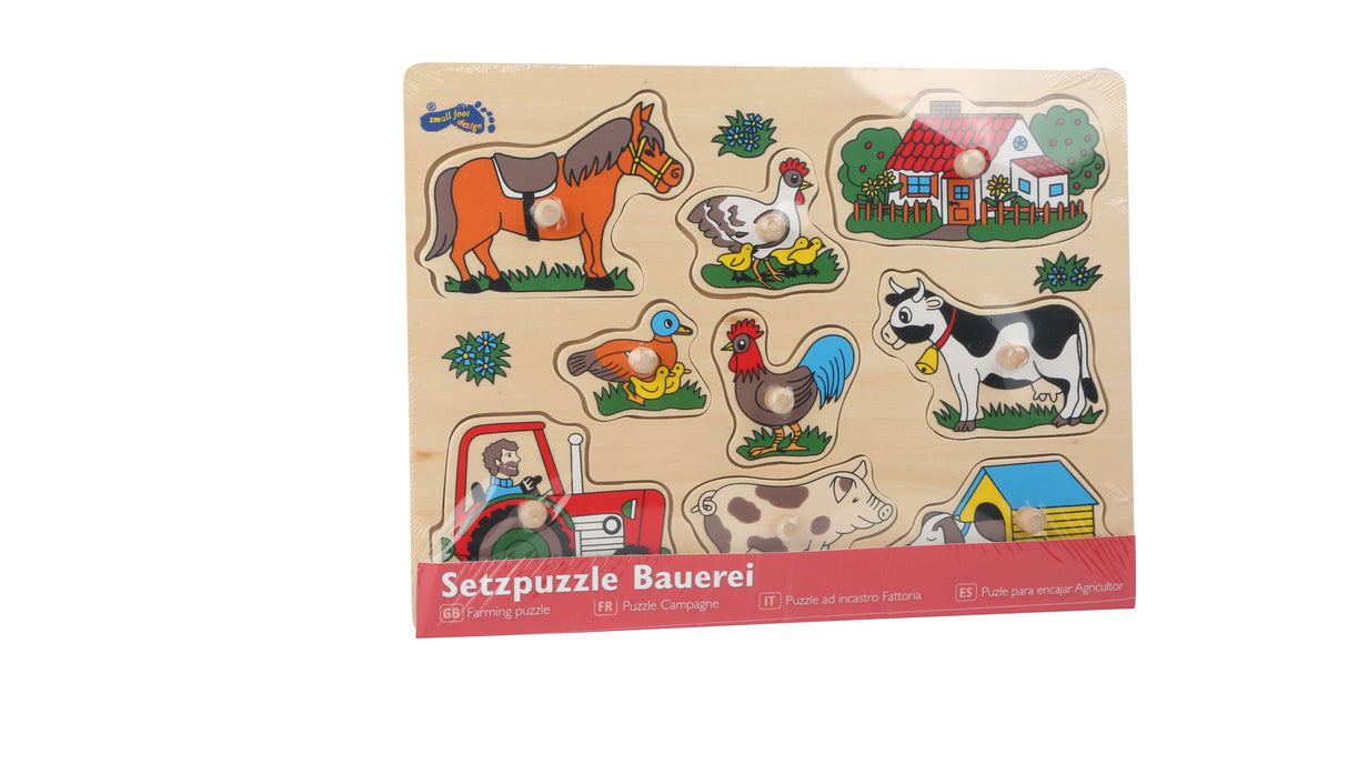 Puzzle Viața la Fermă – Jucărie din Lemn cu 9 Piese cu Buton de Prindere, cu Cal, Vacă, Tractor și Animale de Curte