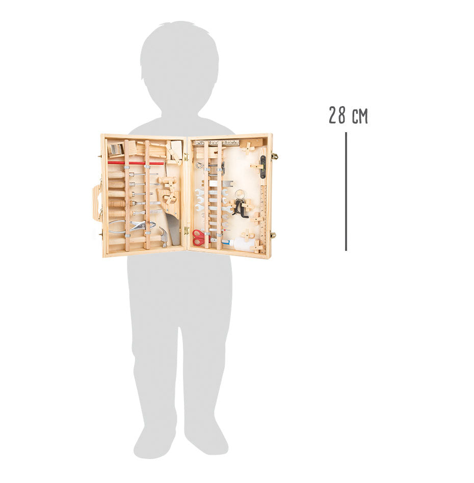 Cutie cu Unelte "Deluxe" – Set Complet din Lemn cu Unelte Funcționale pentru Metal și Lemn, Cutie Robustă de Transport, Pentru Micii Meșteri