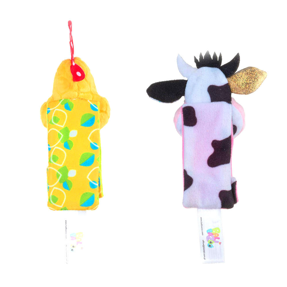 Zornăitoare pentru Încheietură "Ferma" – Set 2 Brățări Textile cu Văcuță și Cocoș, Bandă Moale Căptușită cu Scai, pentru Bebeluși 0+