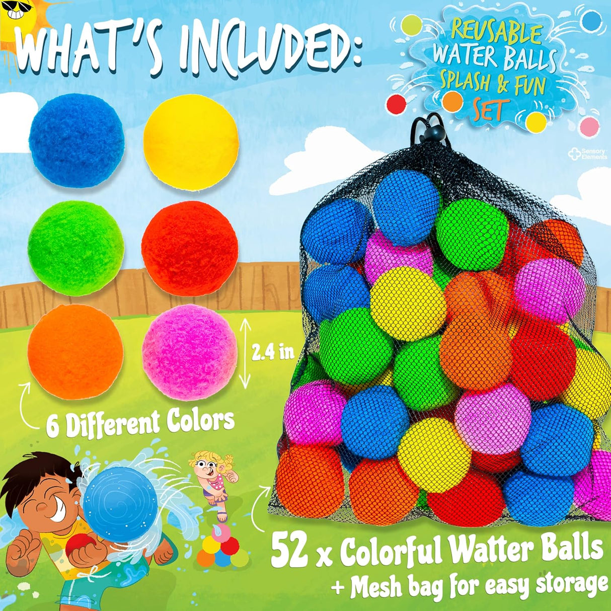 Reusable Water Balls Splash & Fun Set - Set Complet cu 52 de Bile Colorate din Bumbac Reutilizabile, Perfect pentru Joaca de Vară în Apă, Piscină sau Curte