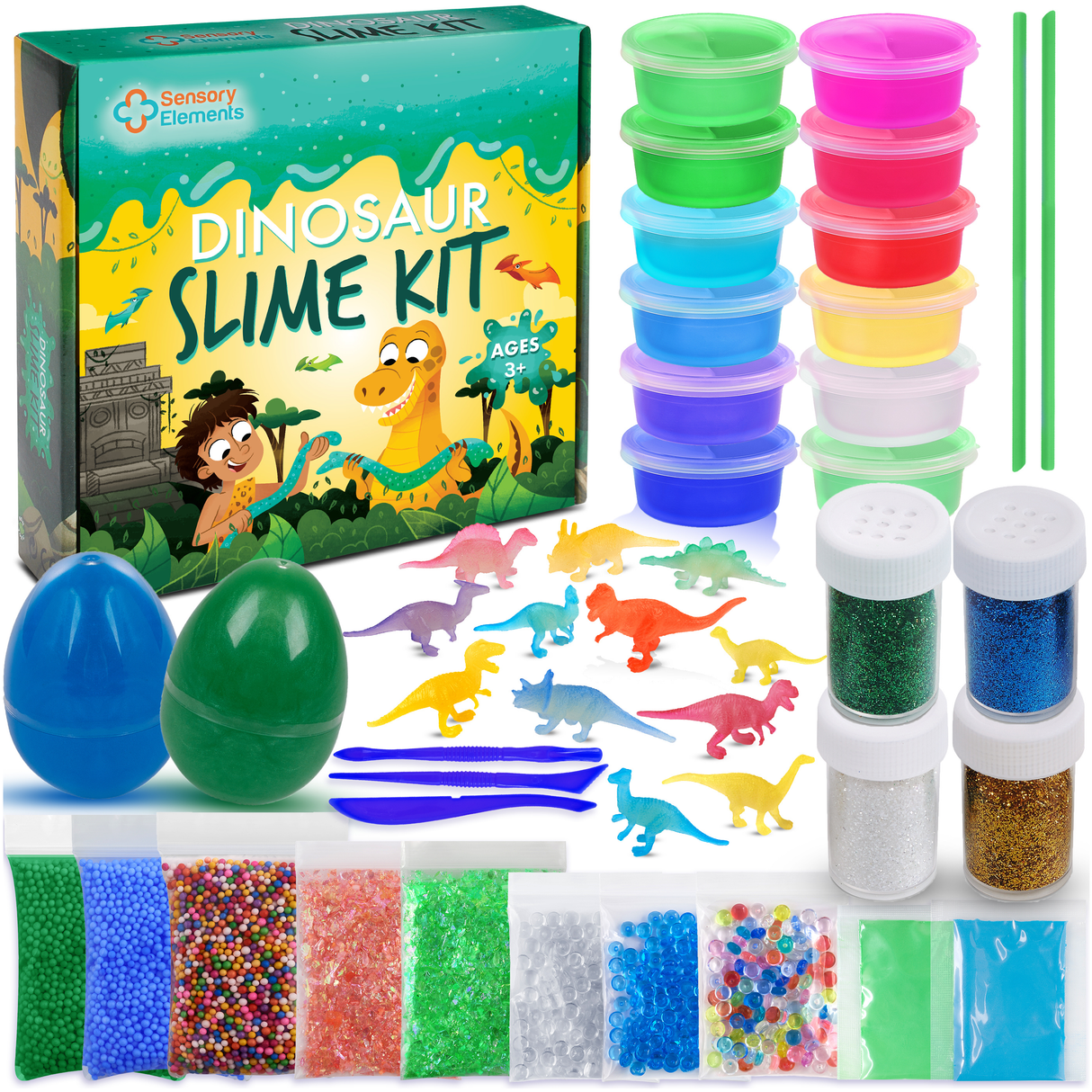 Dinosaur Slime Kit pentru Băieți și Fetițe – 12 Slime-uri Colorate, Dinozauri Fosforescenți, Pudră cu Sclipici și Accesorii Diverse, Cadoul Ideal