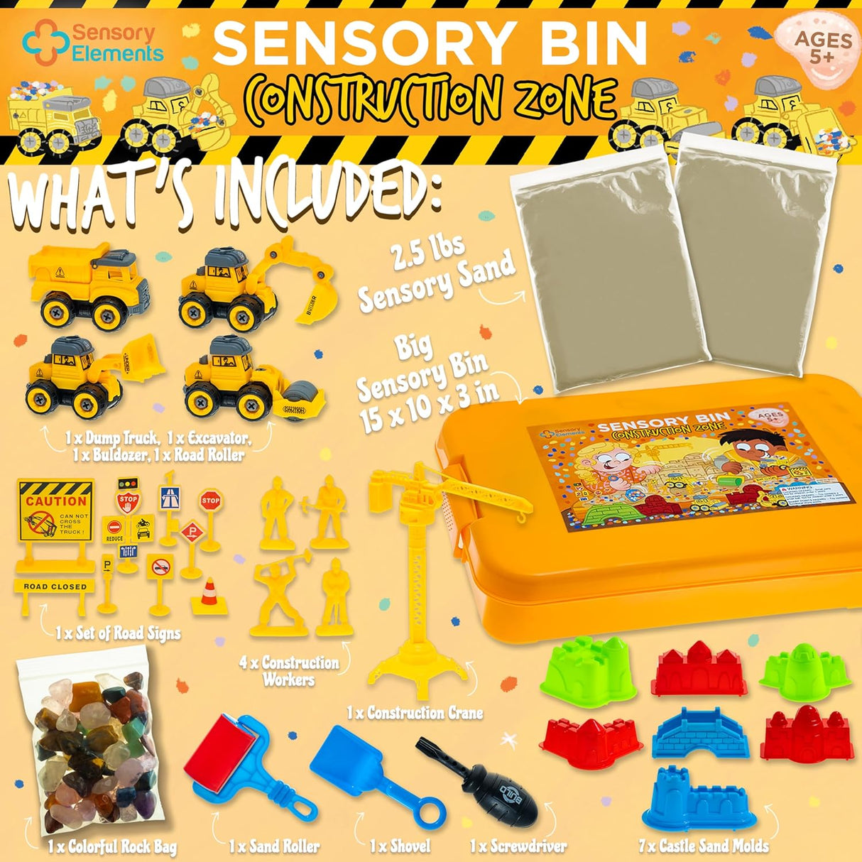 Sensory Bin: Construction Zone - Cutie Senzorială Completă cu Nisip Magic, Vehicule, Muncitori și Accesorii Diverse