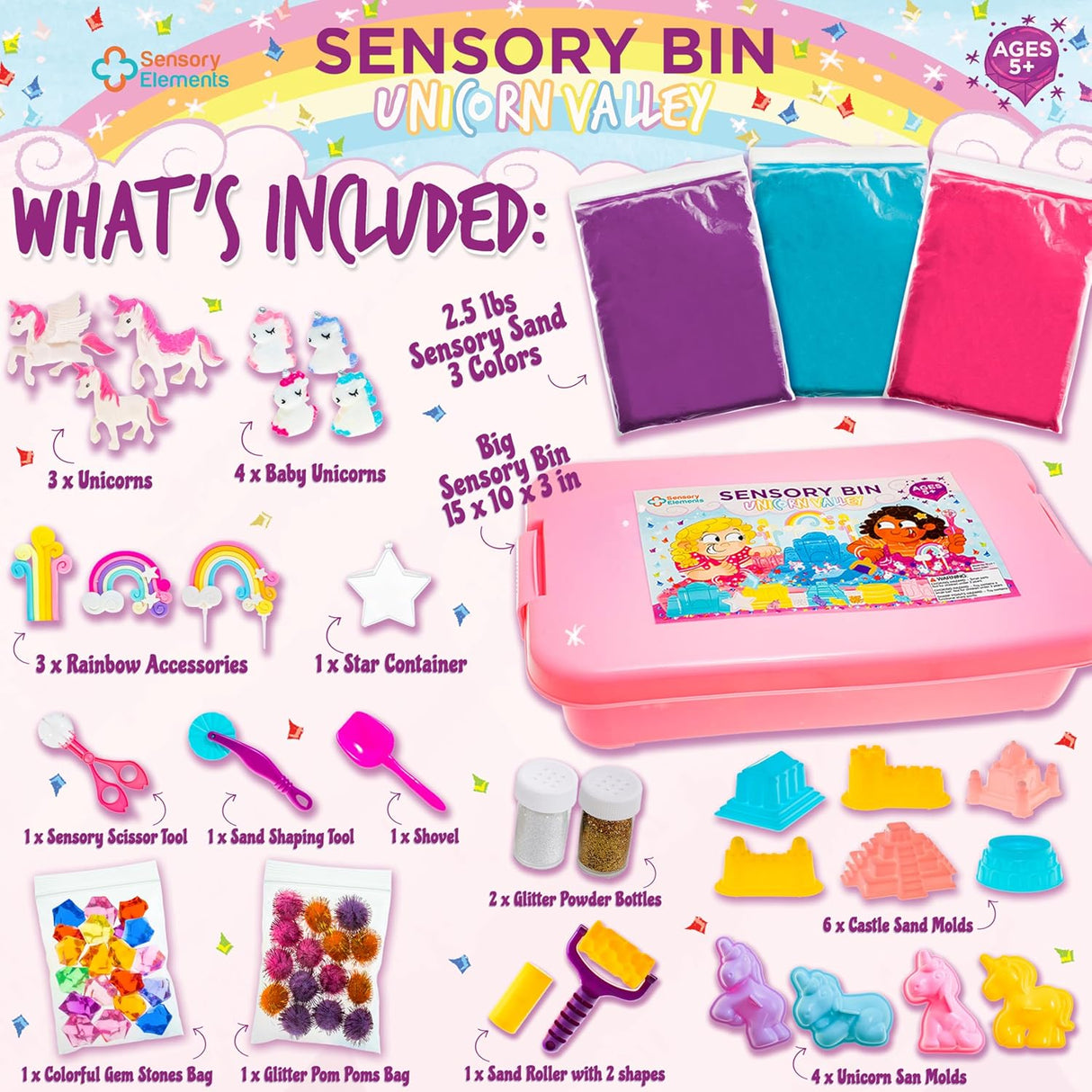 Sensory Bin: Unicorn Valley - Cutie Senzorială Completă cu Nisip Kinetic, Unicorni, Castel și Accesorii Diverse