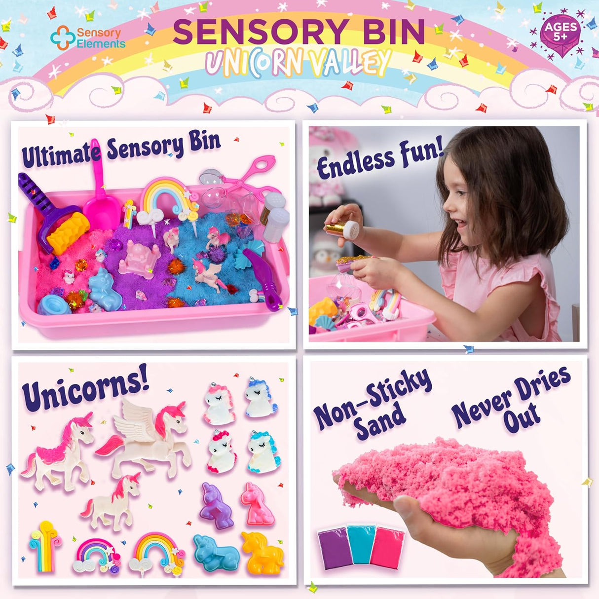 Sensory Bin: Unicorn Valley - Cutie Senzorială Completă cu Nisip Kinetic, Unicorni, Castel și Accesorii Diverse