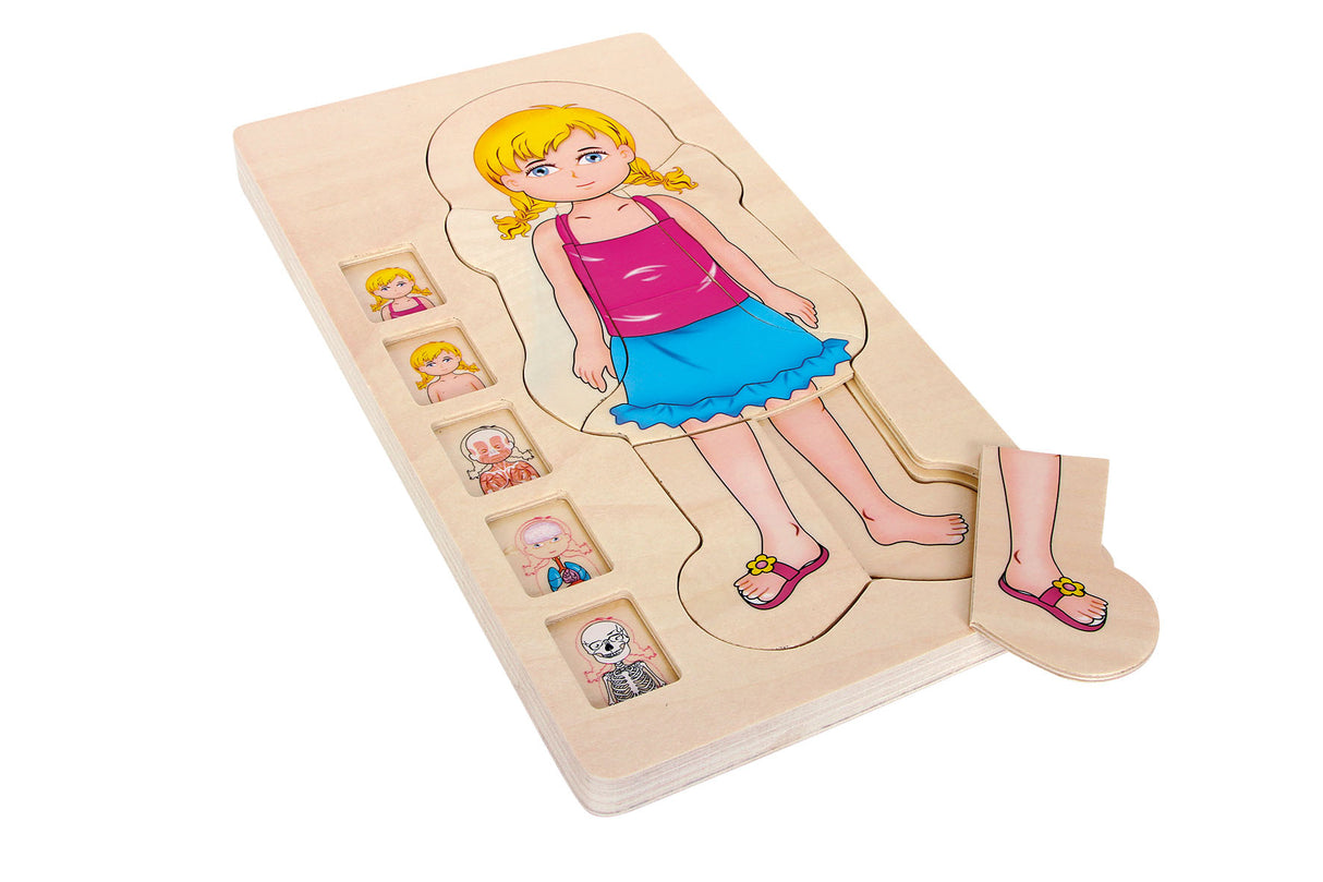 Puzzle Straturi Anatomie Fetiță – Joc Educativ din Lemn pentru Copii, 4-în-1 cu Straturi Succesive, Învață Schelet, Mușchi și Organe