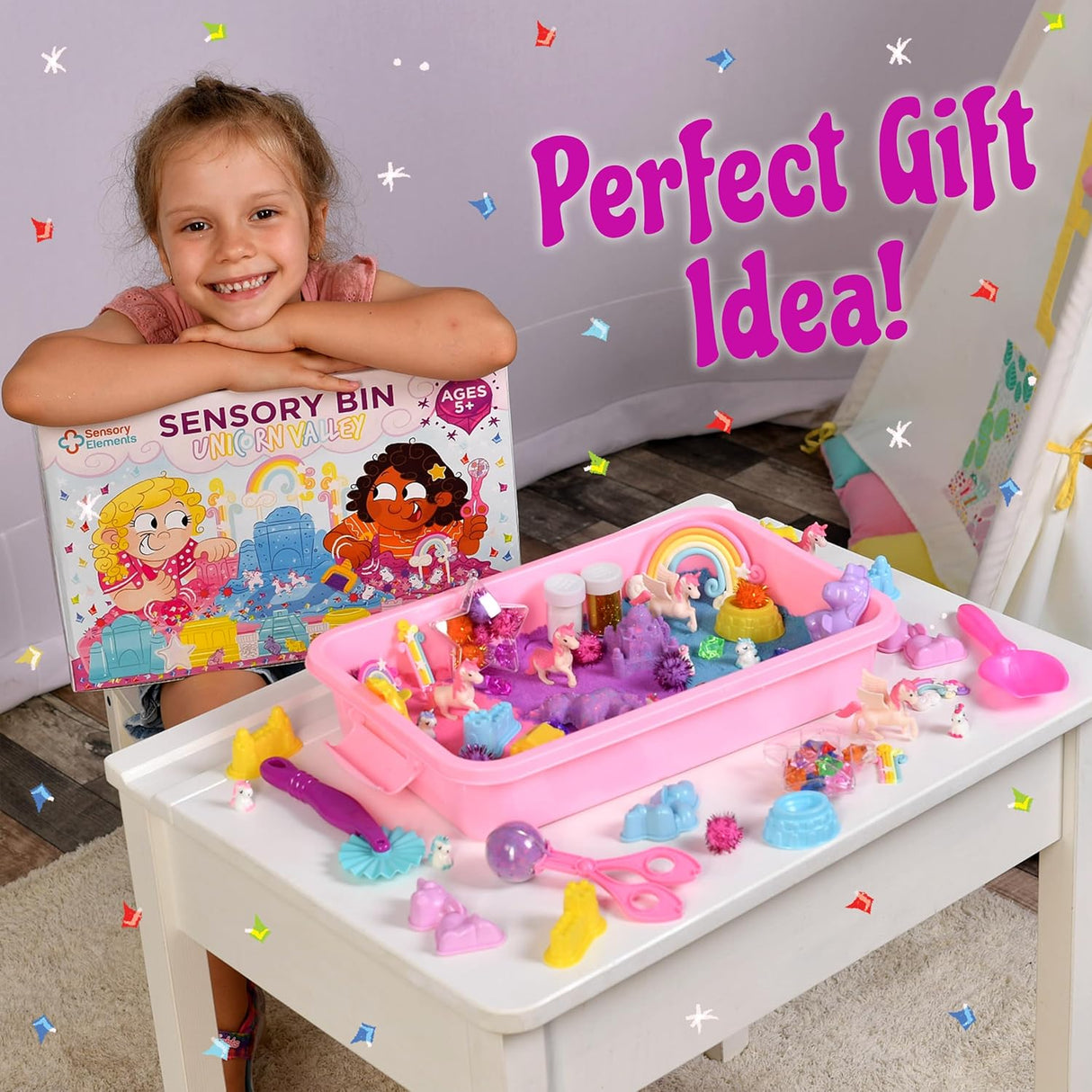 Sensory Bin: Unicorn Valley - Cutie Senzorială Completă cu Nisip Magic, Unicorni, Castel și Accesorii Diverse