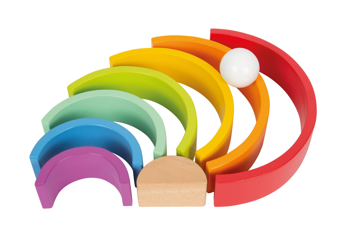Cuburi de Construcție Curcubeu Mare – Arcă din Lemn cu 8 Inele Colorate și Bilă Albă, Premiate Spiel Gut, Versatilitate Maximă