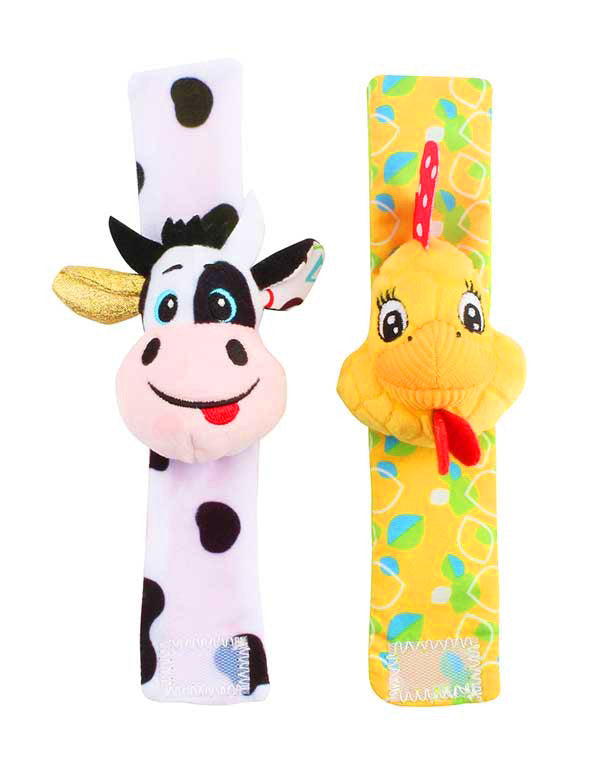 Zornăitoare pentru Încheietură "Ferma" – Set 2 Brățări Textile cu Văcuță și Cocoș, Bandă Moale Căptușită cu Scai, pentru Bebeluși 0+
