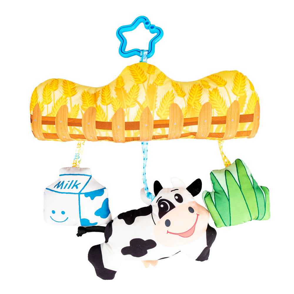 Jucărie Suspendată Văcuța la Fermă – Panou cu Spice și Gărduleț, Cutie de Lapte și Smoc de Iarbă, cu Clopoțel, Zornăitoare și Fluier, pentru Bebeluși 0+