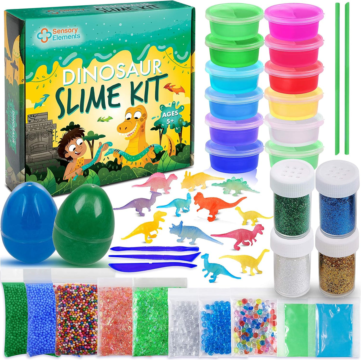 Dinosaur Slime Kit pentru Băieți și Fetițe – 12 Slime-uri Colorate, Dinozauri Fosforescenți, Pudră cu Sclipici și Accesorii Diverse, Cadoul Ideal