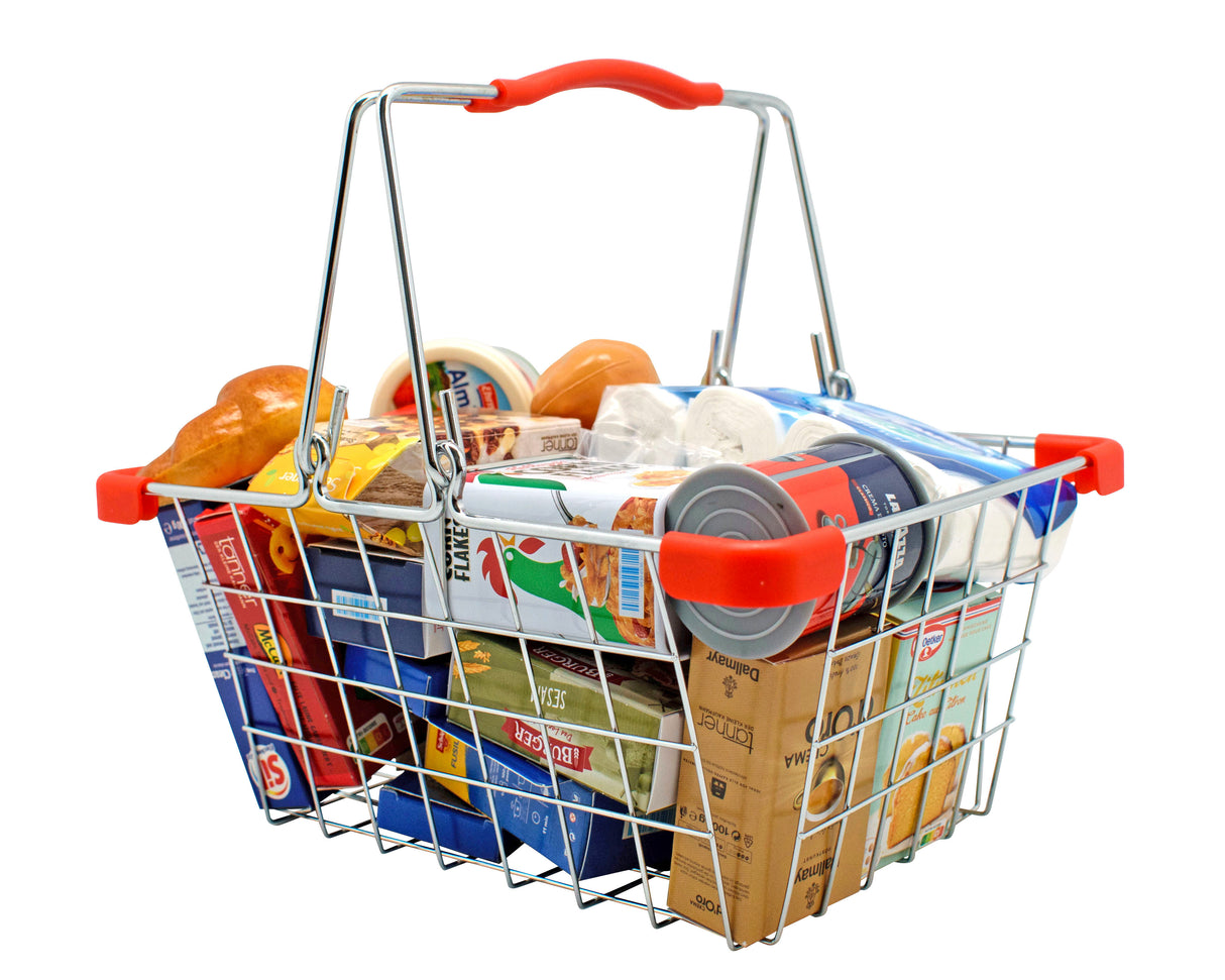 Coș de Cumpărături din Metal – Accesoriu pentru Magazinul de Joacă, Include Miniaturi de Produse și Alimente, Robust și Autentic