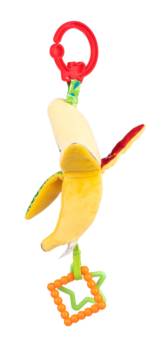 Jucărie Suspendată Banană – Elemente Foșnitoare, Două Inele de Dentiție Colorate și Texturi Variate, pentru Bebeluși 0+