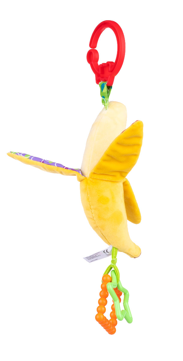 Jucărie Suspendată Banană – Elemente Foșnitoare, Două Inele de Dentiție Colorate și Texturi Variate, pentru Bebeluși 0+