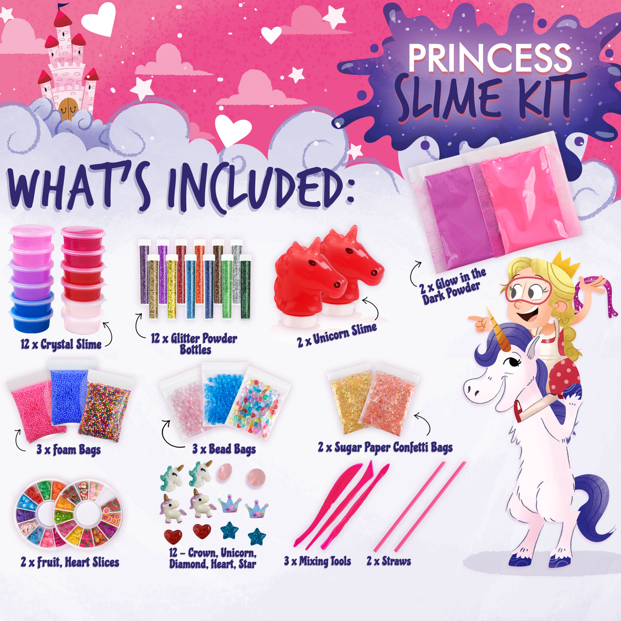 Princess Slime Kit pentru Fetițe – Slime Colorat pe Bază de Apă, cu Pudră Fosforescentă, și Accesorii Diverse