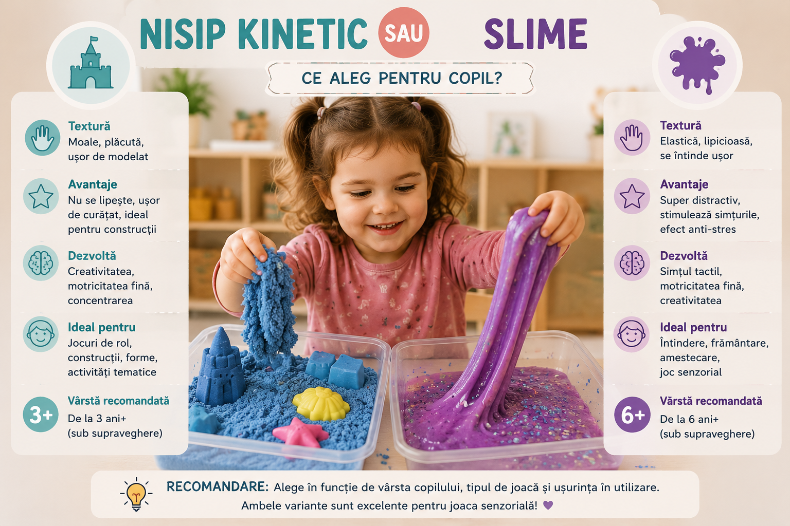 Nisip kinetic sau slime: ce aleg pentru copil? Avantaje, diferențe și recomandări