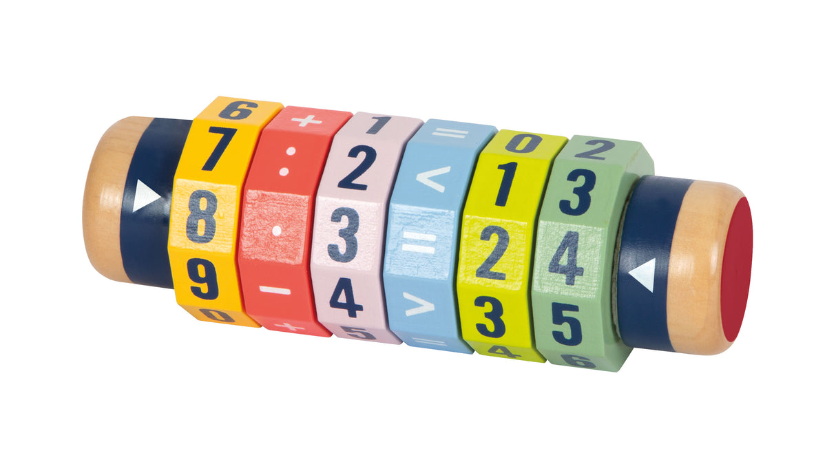 Calculator Rulant 1x1 "Educate" – Cilindru Matematic din Lemn cu 6 Piese Rotative, Adunare, Scădere, Înmulțire și Împărțire
