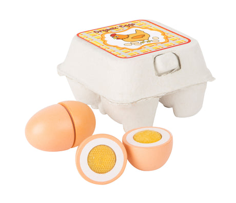 Ouă din Lemn Small Foot – Set 4 Piese pentru Bucătăria de Joacă a Copiilor, cu Cutie Reală de Ouă și Prindere Velcro, Accesor