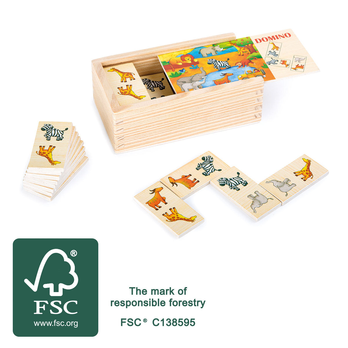 Domino "Safari" – Joc din Lemn Certificat FSC cu Motive de Animale, în Cutie de Lemn, Dezvoltă Răbdarea și Motricitatea, pent