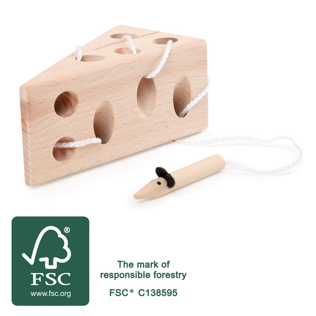 Joc de Șnuruire Brânză cu Șoricel FSC 100% Small Foot – Jucărie Educativă din Lemn Certificat pentru Motricitatea Fină, Compa