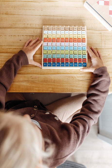 Tabla Înmulțirii Colorată "Educate" – Joc din Lemn pentru Învățarea 1x1, Cuburi cu Probleme și Soluții, Perfect pentru Școala Primară