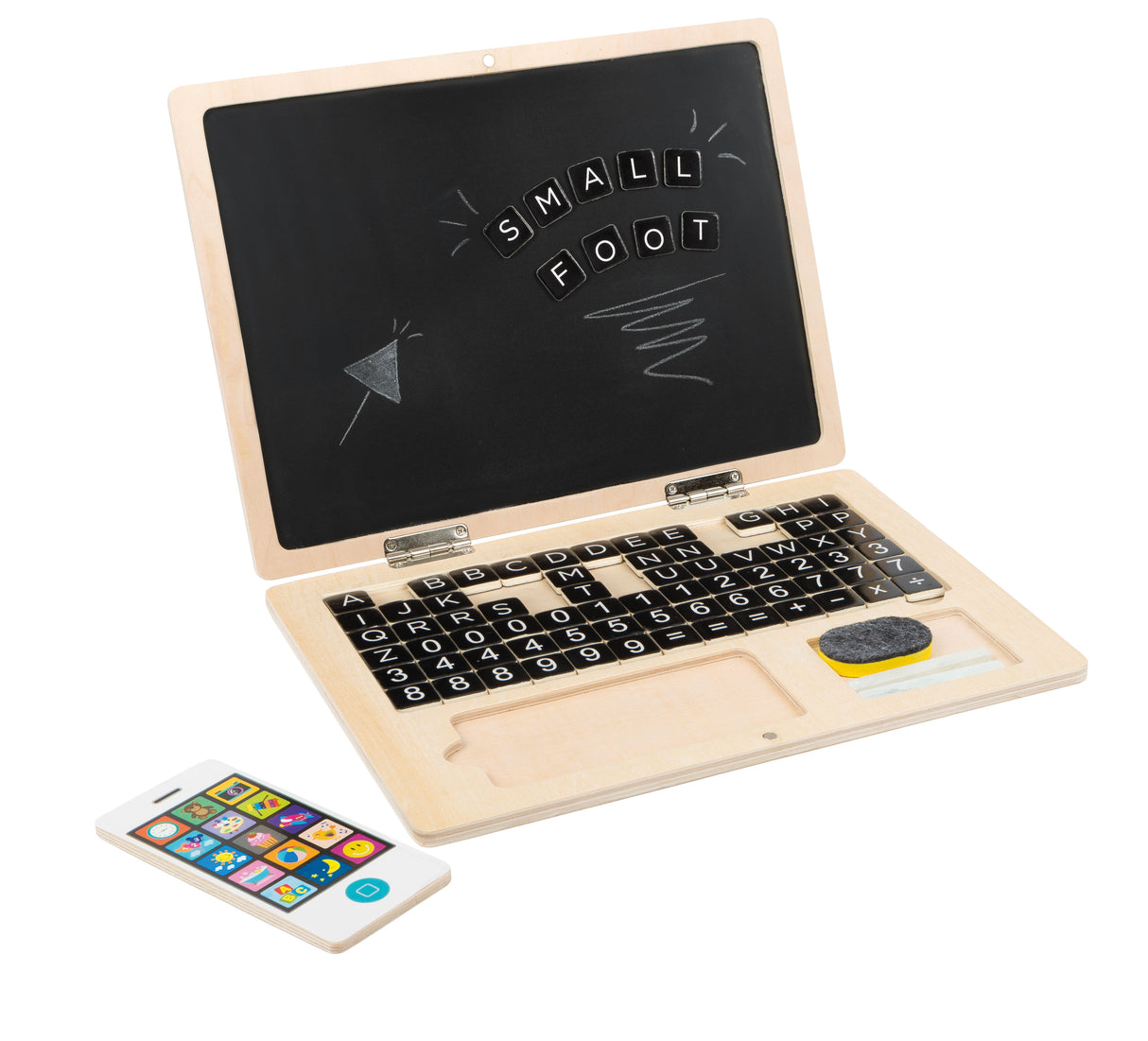 Laptop din Lemn cu Tablă Magnetică Small Foot – Jucărie Educativă pentru Copii, Include Creta, Smartphone din Lemn, Pliabil ș
