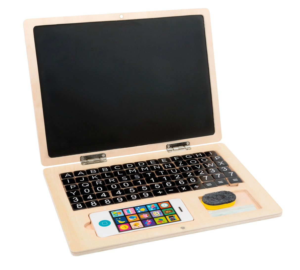 Laptop din Lemn cu Tablă Magnetică – Jucărie Educativă pentru Copii, Include Creta, Smartphone din Lemn, Pliabil și Compact pentru Deplasări