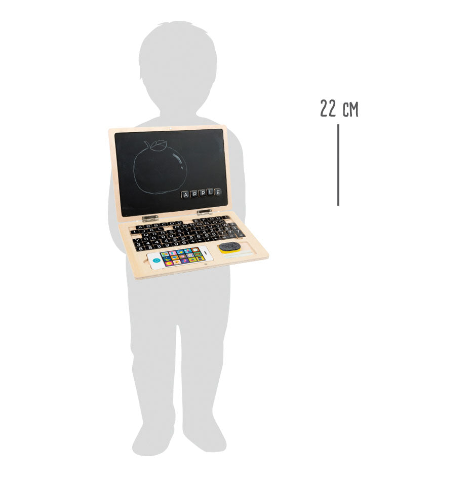 Laptop din Lemn cu Tablă Magnetică – Jucărie Educativă pentru Copii, Include Creta, Smartphone din Lemn, Pliabil și Compact pentru Deplasări