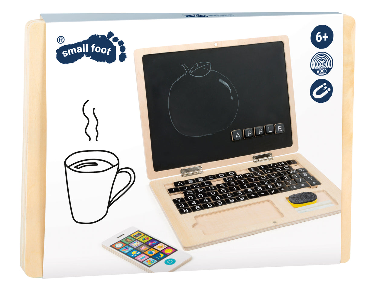 Laptop din Lemn cu Tablă Magnetică – Jucărie Educativă pentru Copii, Include Creta, Smartphone din Lemn, Pliabil și Compact pentru Deplasări