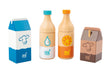 Set Băuturi "Fresh" Small Foot – 4 Piese din Lemn pentru Magazinul de Joacă al Copiilor, Include Suc de Portocale, Apă, Lapte