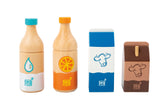 Set Băuturi "Fresh" – 4 Piese din Lemn pentru Magazinul de Joacă al Copiilor, Include Suc de Portocale, Apă, Lapte și Ciocolată