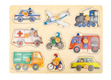 Puzzle Vehicule din Oraș – Jucărie din Lemn cu 9 Piese cu Buton de Prindere, Dezvoltă Motricitatea Fină și Recunoașterea Form