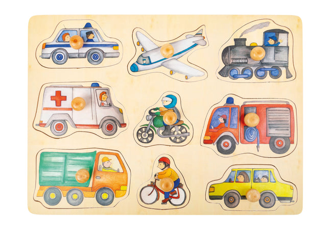 Puzzle Vehicule din Oraș – Jucărie din Lemn cu 9 Piese cu Buton de Prindere, Dezvoltă Motricitatea Fină și Recunoașterea Form