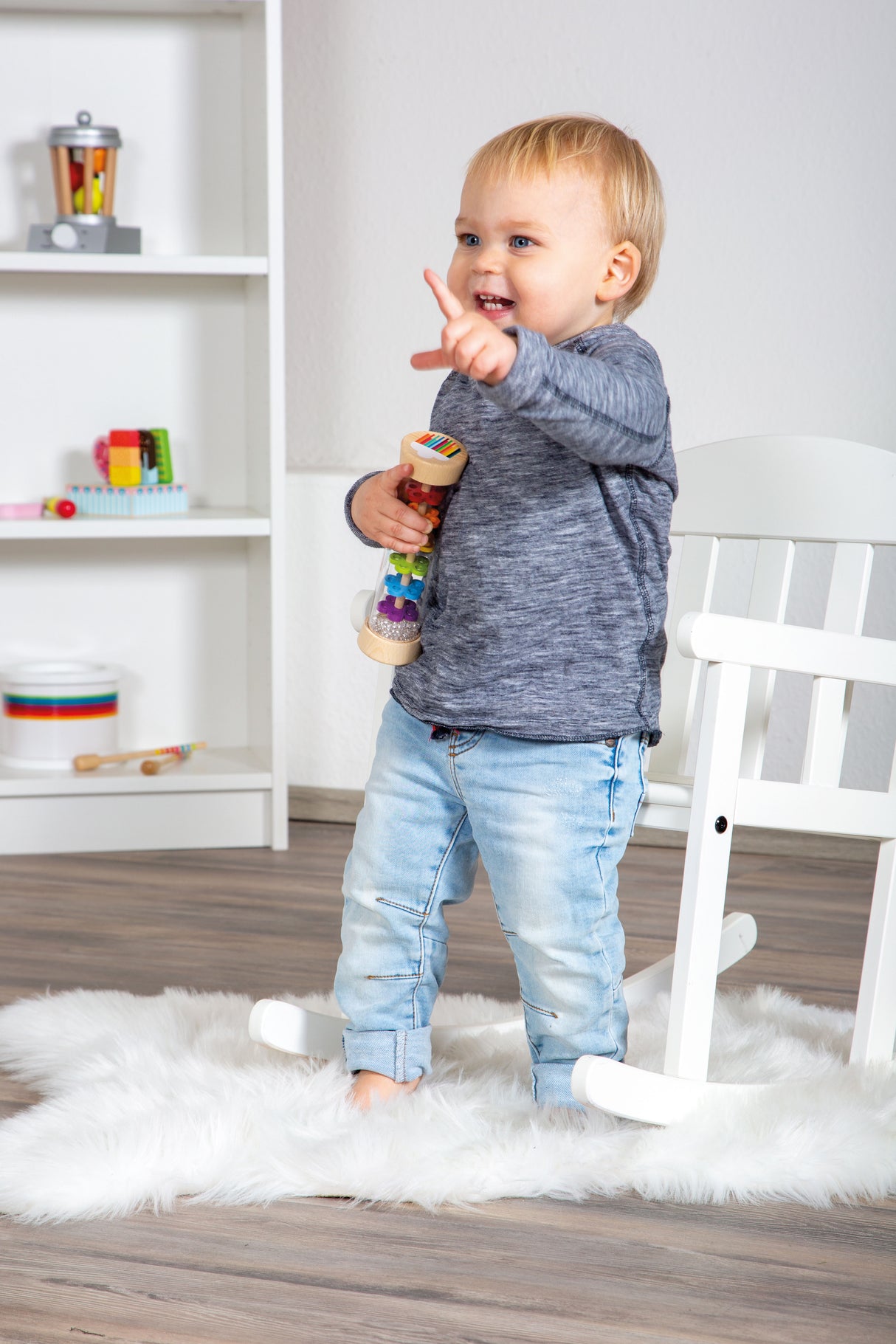 Zornăitoare Ploaie Curcubeu – Jucărie Muzicală din Lemn pentru Bebeluși, cu Mărgele Colorate și Discuri în Formă de Floare, Instrument Senzorial Montessori