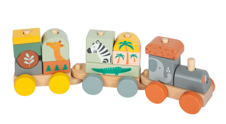 Trenuleț "Safari" Small Foot – Jucărie 2-în-1 din Lemn pentru Copii, cu Piese Insertabile și Funcție de Stivuit, Design Moder