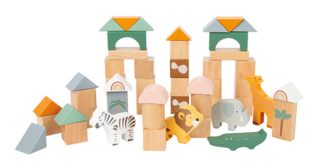 Cuburi de Construcție "Safari" Small Foot – Set 50 Piese din Lemn pentru Copii, cu 5 Animale și Cutie Depozitare, Motive Safa