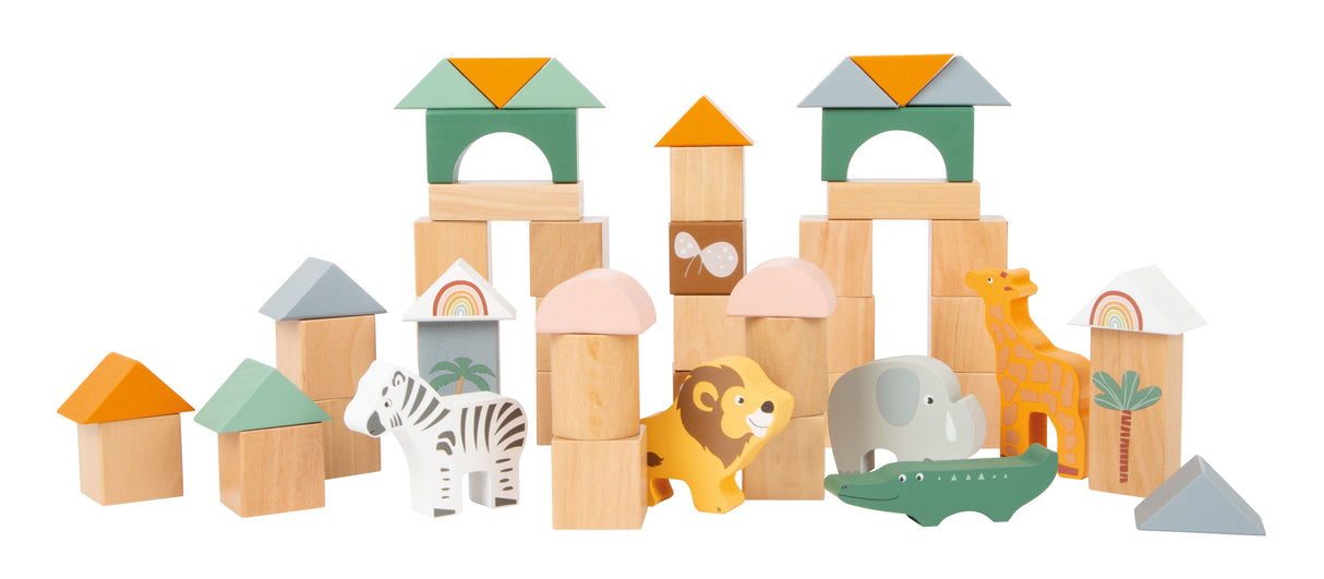 Cuburi de Construcție "Safari" – Set 50 Piese din Lemn pentru Copii, cu 5 Animale și Cutie Depozitare, Motive Safari, Stimulează Creativitatea