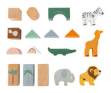 Cuburi de Construcție "Safari" – Set 50 Piese din Lemn pentru Copii, cu 5 Animale și Cutie Depozitare, Motive Safari, Stimulează Creativitatea